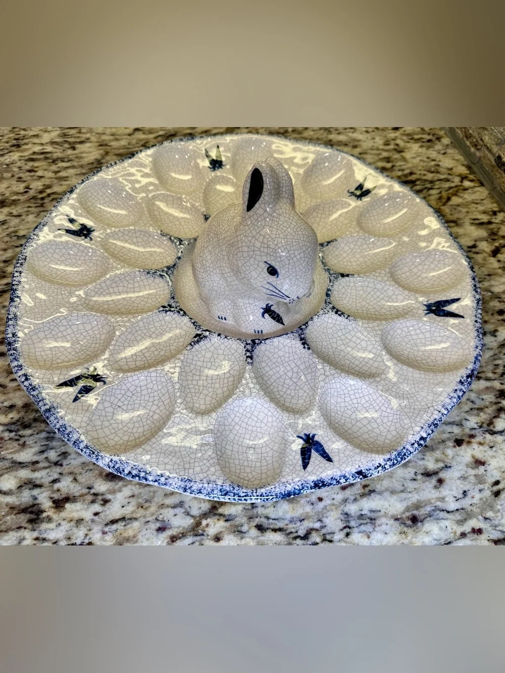 Ceramic Bunny Deviled Egg Platter - Blue and Cream Potting Shed Dedham
